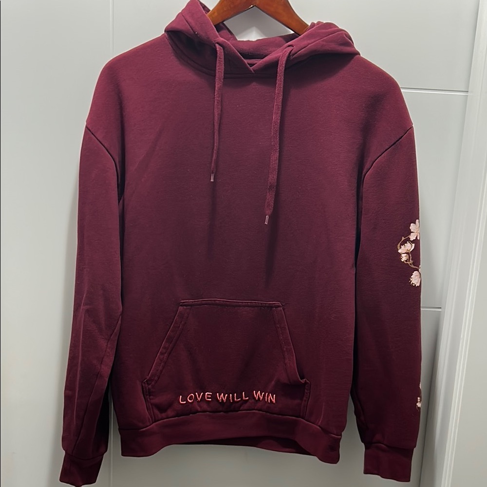 Burgundy Hoodie with Floral Sleeve and Embroidery